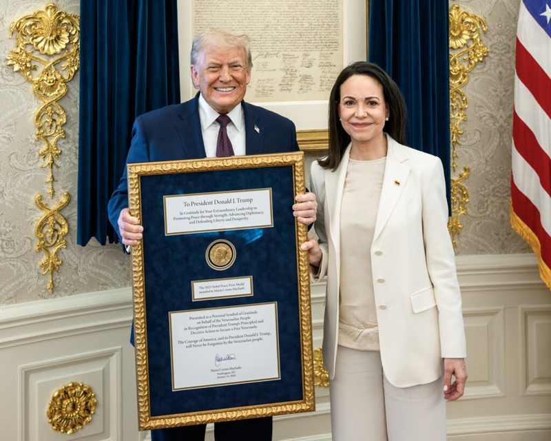 Donald Trump in the Oval Office after receiving the Nobel Peace Prize medal from María Corina Machado, central to the Trump Nobel Peace Prize 2026 push