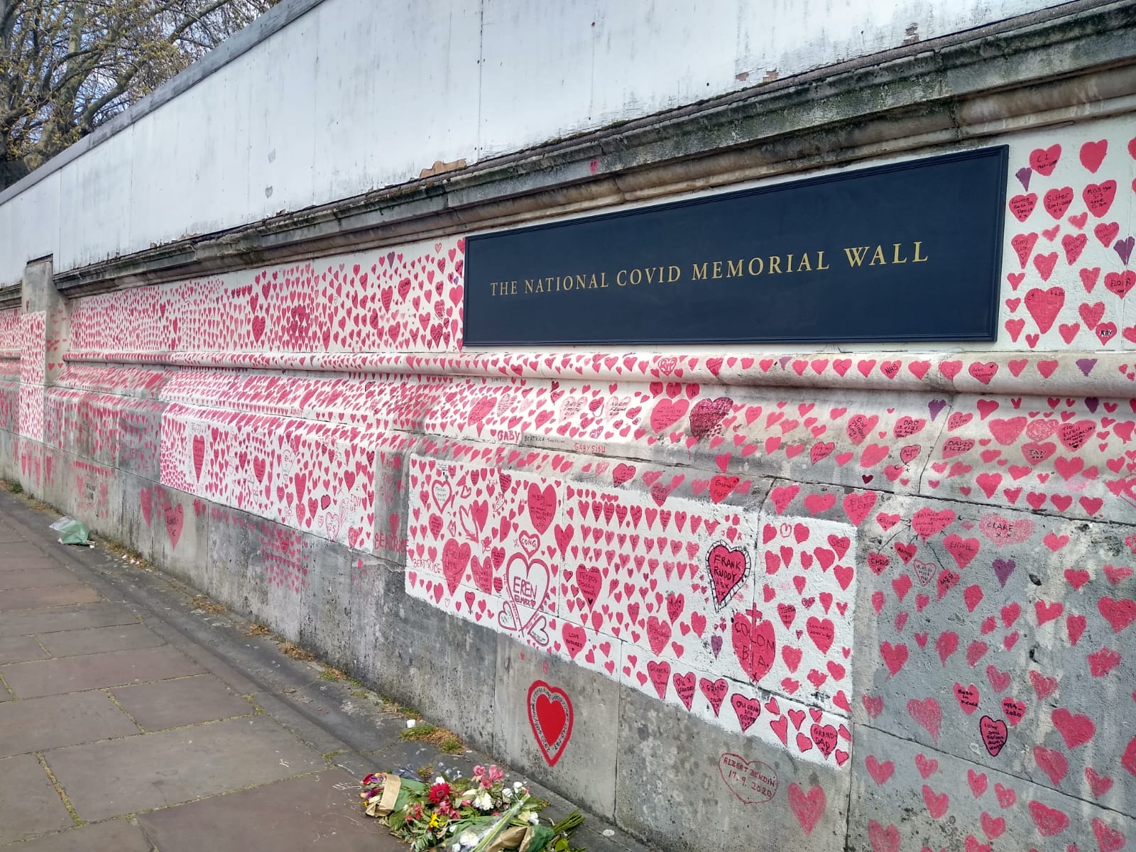 Covid inquiry care homes — the National Covid Memorial Wall in London, covered in hand-painted red hearts
