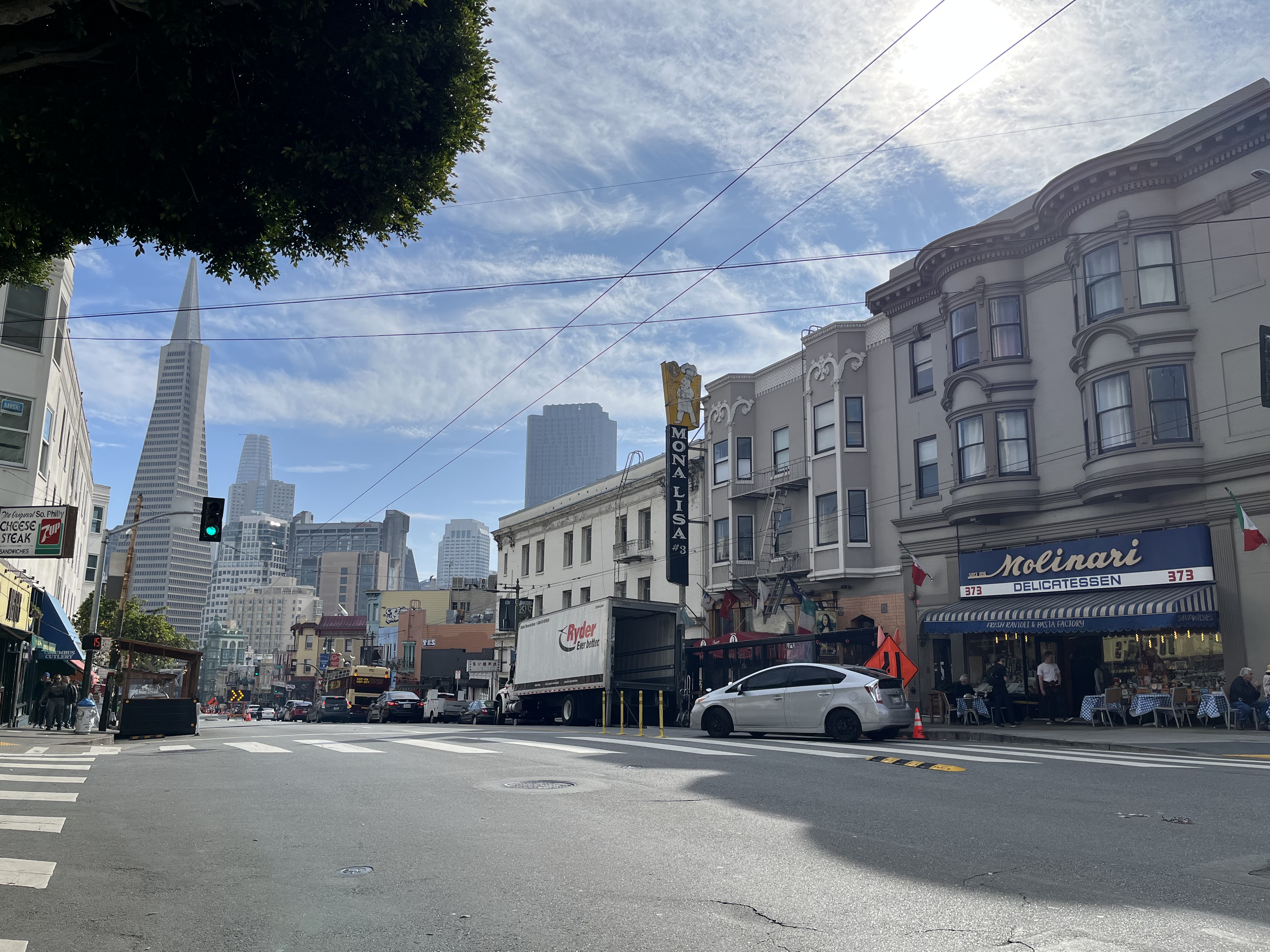 PG&E San Francisco grid takeover — downtown San Francisco skyline with the Transamerica Pyramid and Salesforce Tower seen from Columbus Avenue