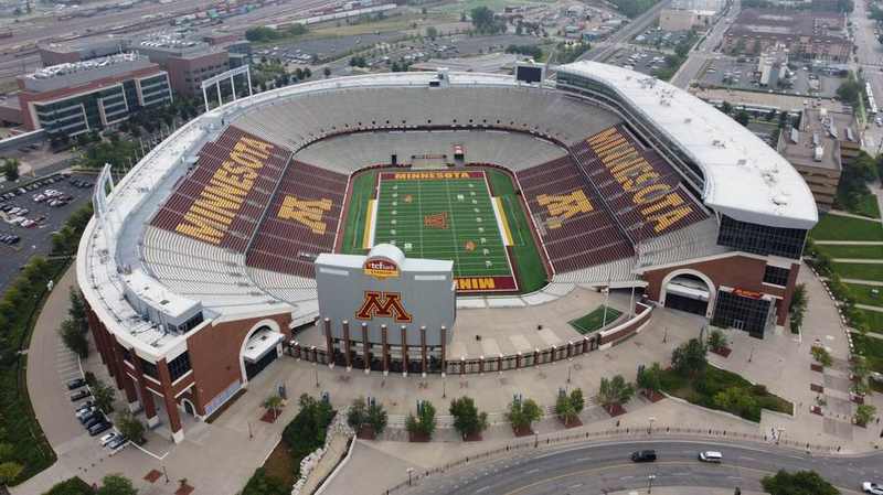 Aerial view of Huntington Bank Stadium in Minneapolis, where Minnesota beat Michigan 20-14