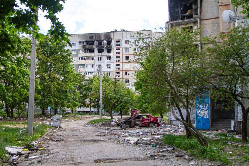 Damaged residential buildings in Saltivka, Kharkiv, after the 2022 battle for the city — the district was struck again by a Russian guided bomb on September 28, 2026