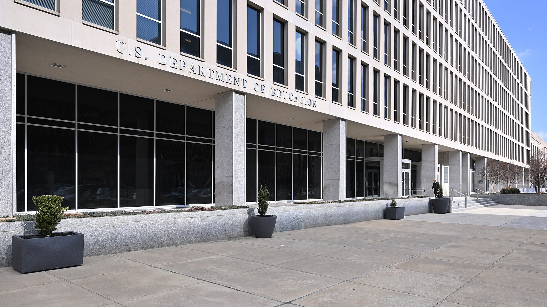 Entrance of the Lyndon Baines Johnson Department of Education Building in Washington DC