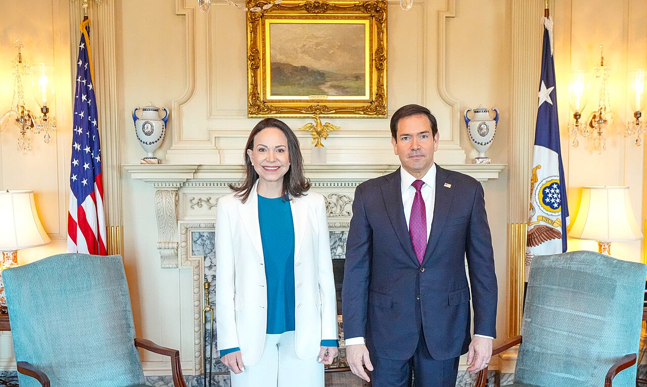 Maria Corina Machado with Secretary of State Marco Rubio at the State Department, a key relationship as Machado returns to Venezuela
