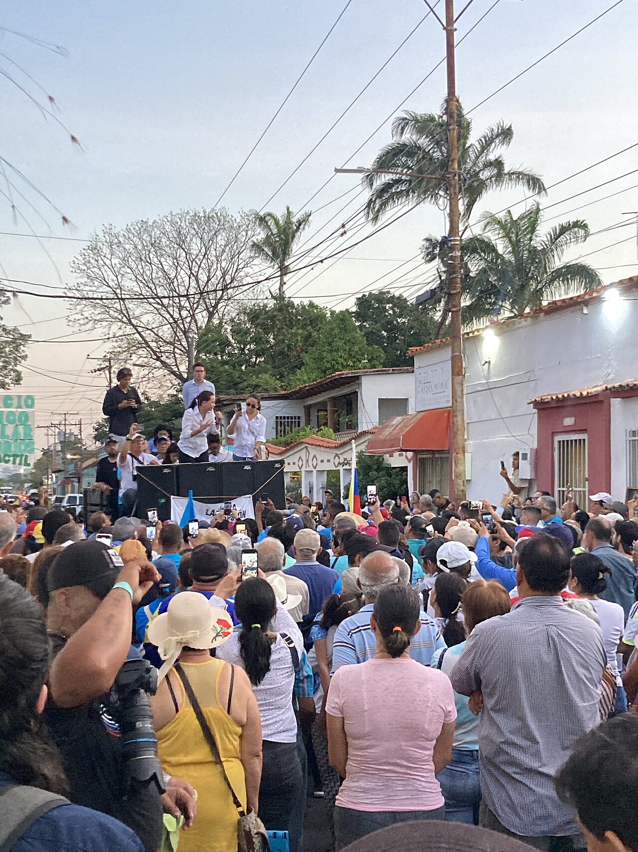 Maria Corina Machado addressing a street crowd in San Diego, Venezuela, during her years of grassroots campaigning across the country