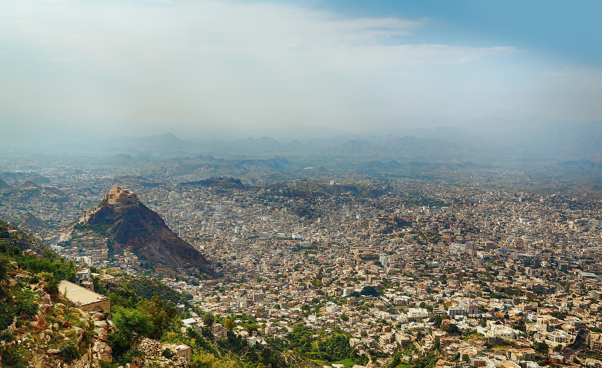 Taiz, Yemen, spread below Cairo Castle — the city Pope Leo named in his appeal for food, water and medical aid