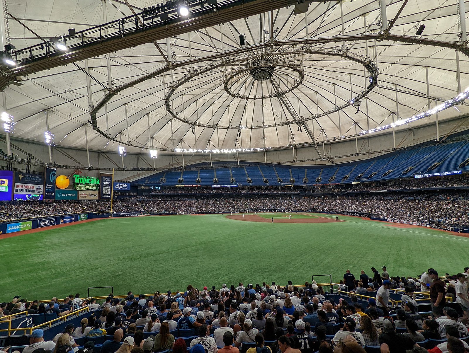 Tropicana Field in St. Petersburg during a Tampa Bay Rays game, the domed ballpark where the Rays beat the Brewers 4-3 in 12 innings in World Series Game 4