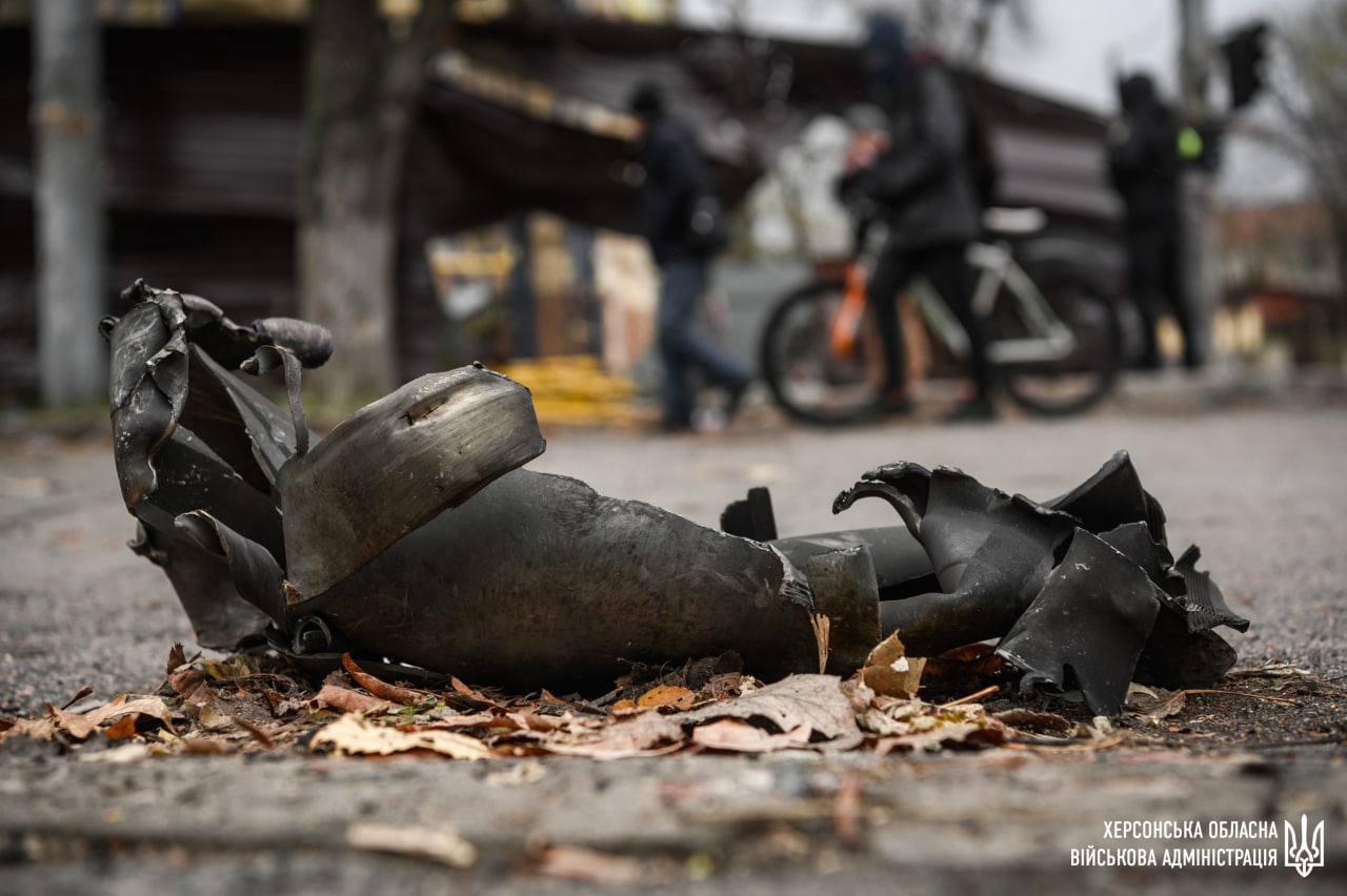 Remnant of a Russian rocket on a Kherson street after shelling of the city