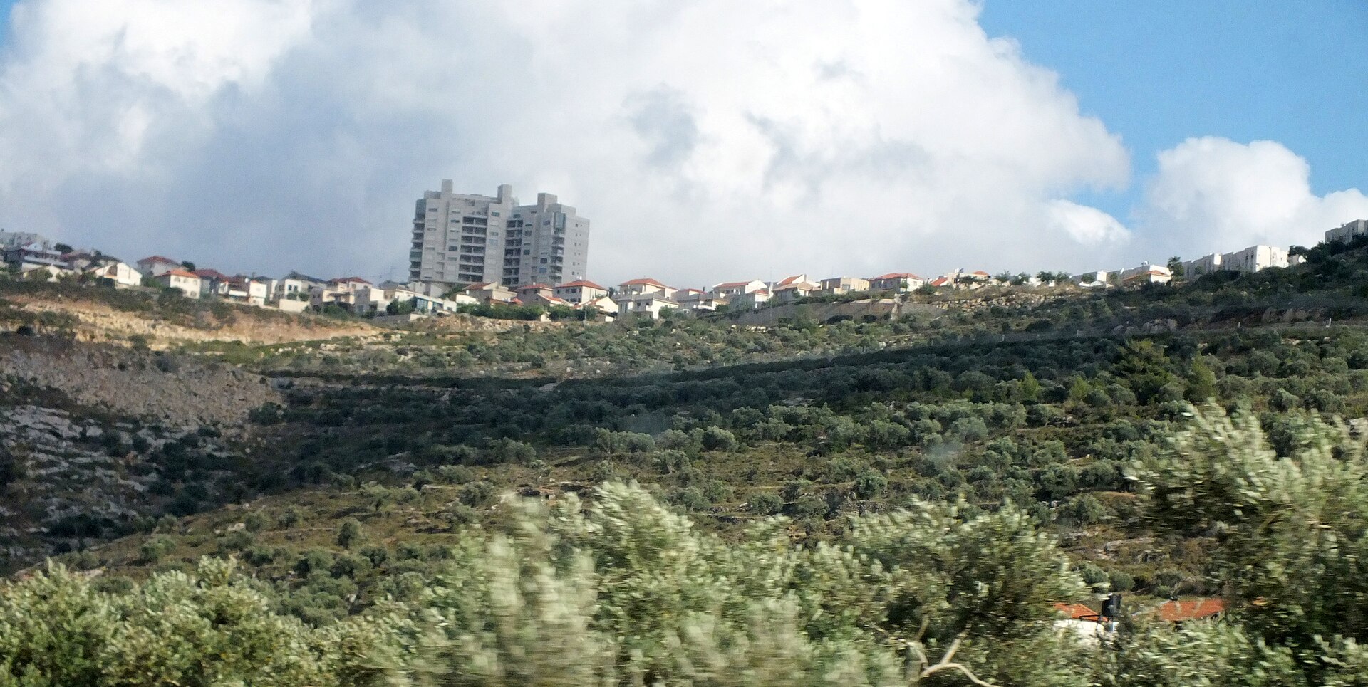 Ariel settlement homes above olive groves in the West Bank, the land at the centre of China Israel West Bank settlements dispute