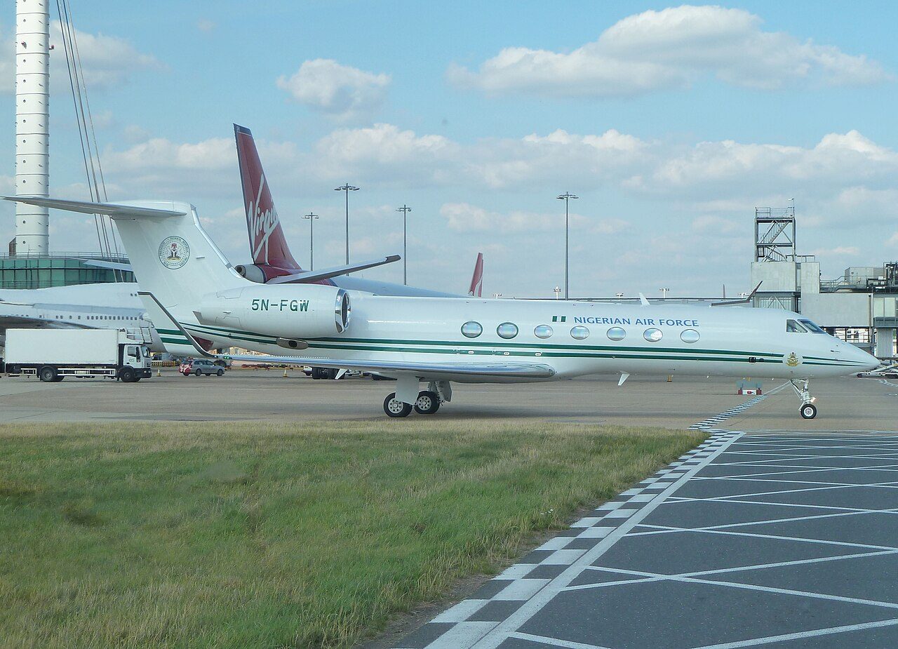 A Nigerian Air Force Gulfstream G550 aircraft at London Heathrow Airport — file photo; the military said troops at Bitta and Buni Yadi fought with air support