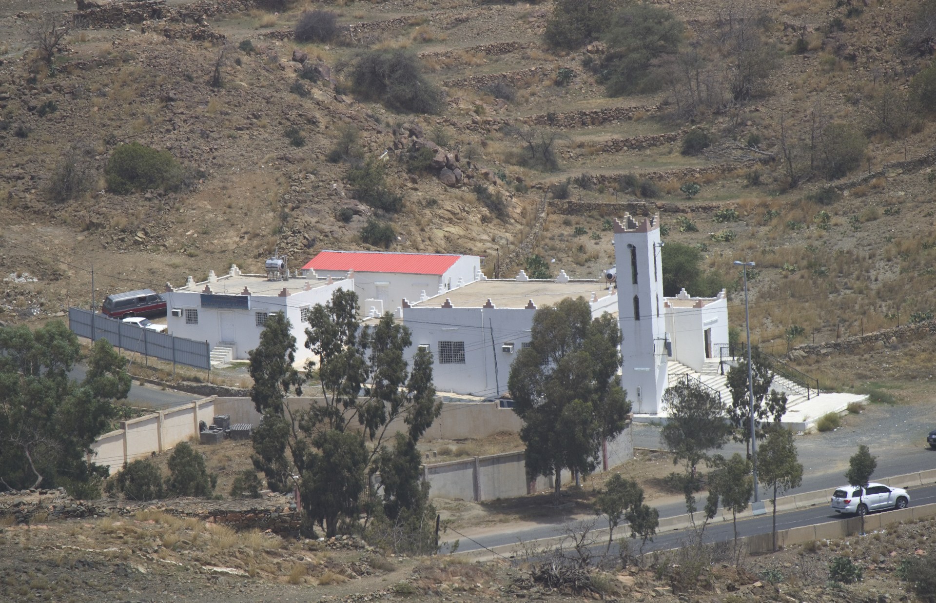 Taif, Saudi Arabia — a white mosque and buildings in the arid hills above the Al Shafa Road near Taif, the western Saudi city a Houthi ballistic missile was fired toward on Wednesday before it was intercepted