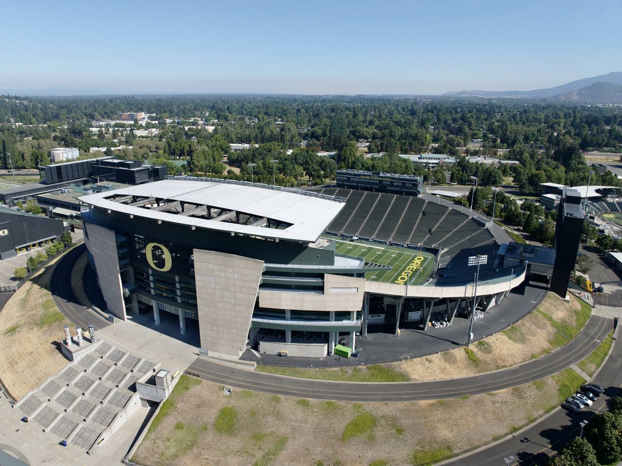 Aerial drone view of Autzen Stadium, home of the Oregon Ducks football team