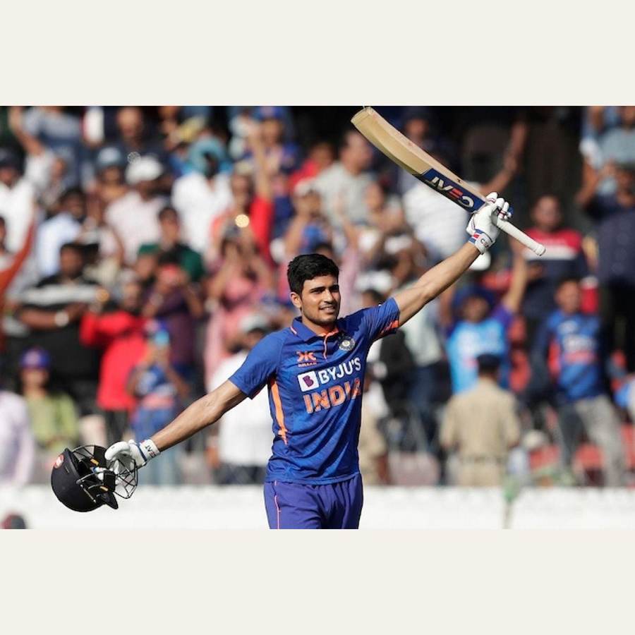 Shubman Gill celebrates an ODI double century in an archival action photo; his unbeaten 223 powered India’s record 406-run chase against West Indies in Guwahati
