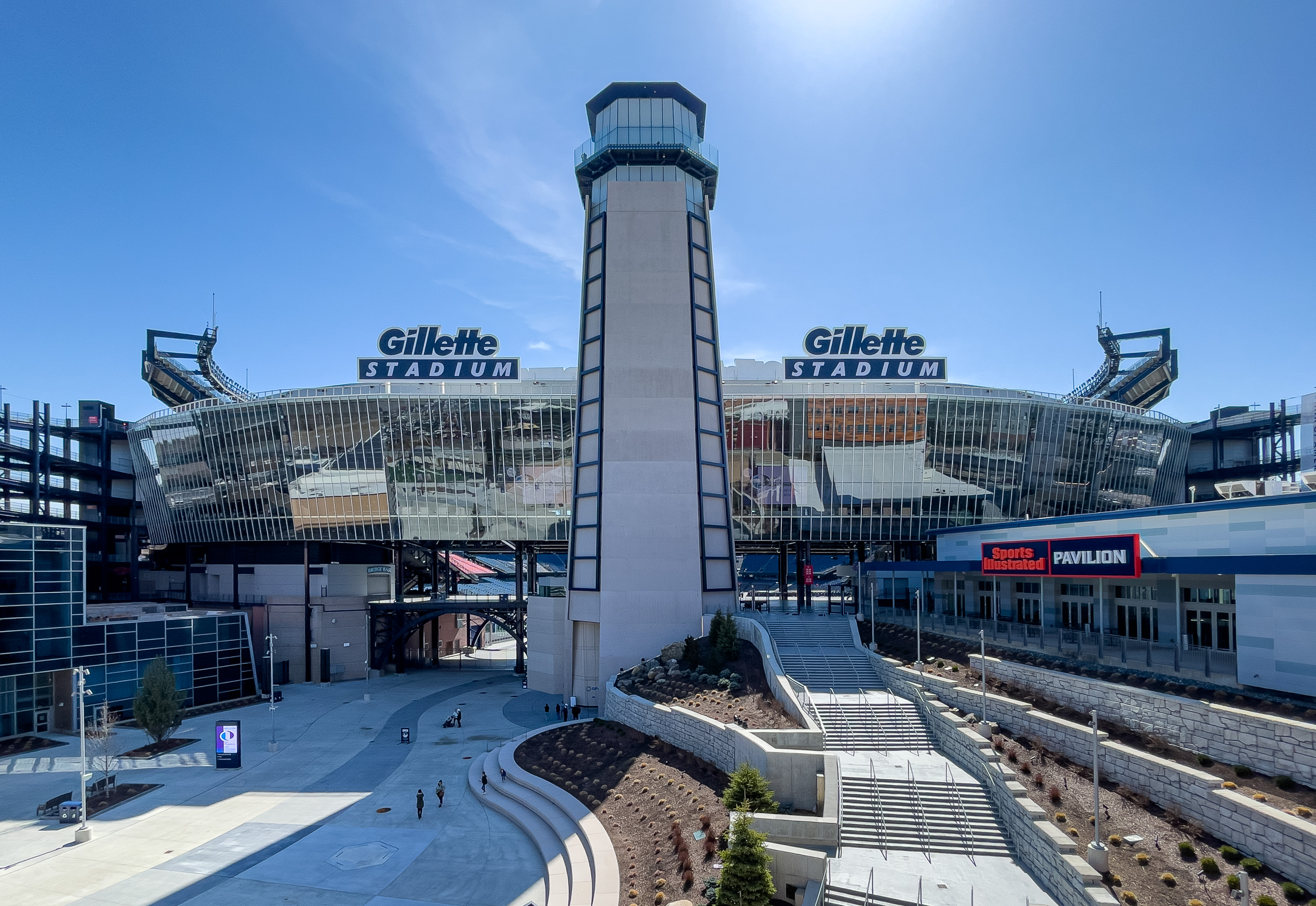 Patriots vs Jets score — Gillette Stadium entrance and lighthouse in Foxborough