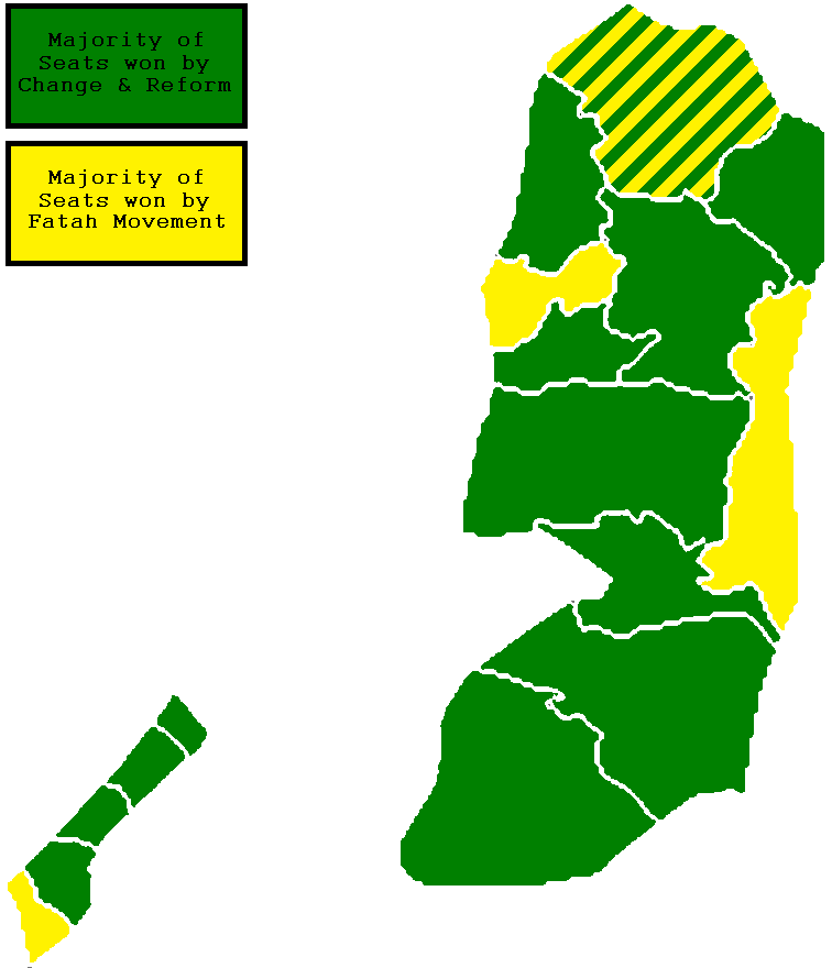 Results map of the 2006 Palestinian legislative election, the last vote before the scheduled November 2026 elections