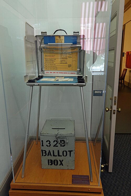 A Palm Beach County Votomatic voting machine and ballot box used in the 2000 U.S. presidential election
