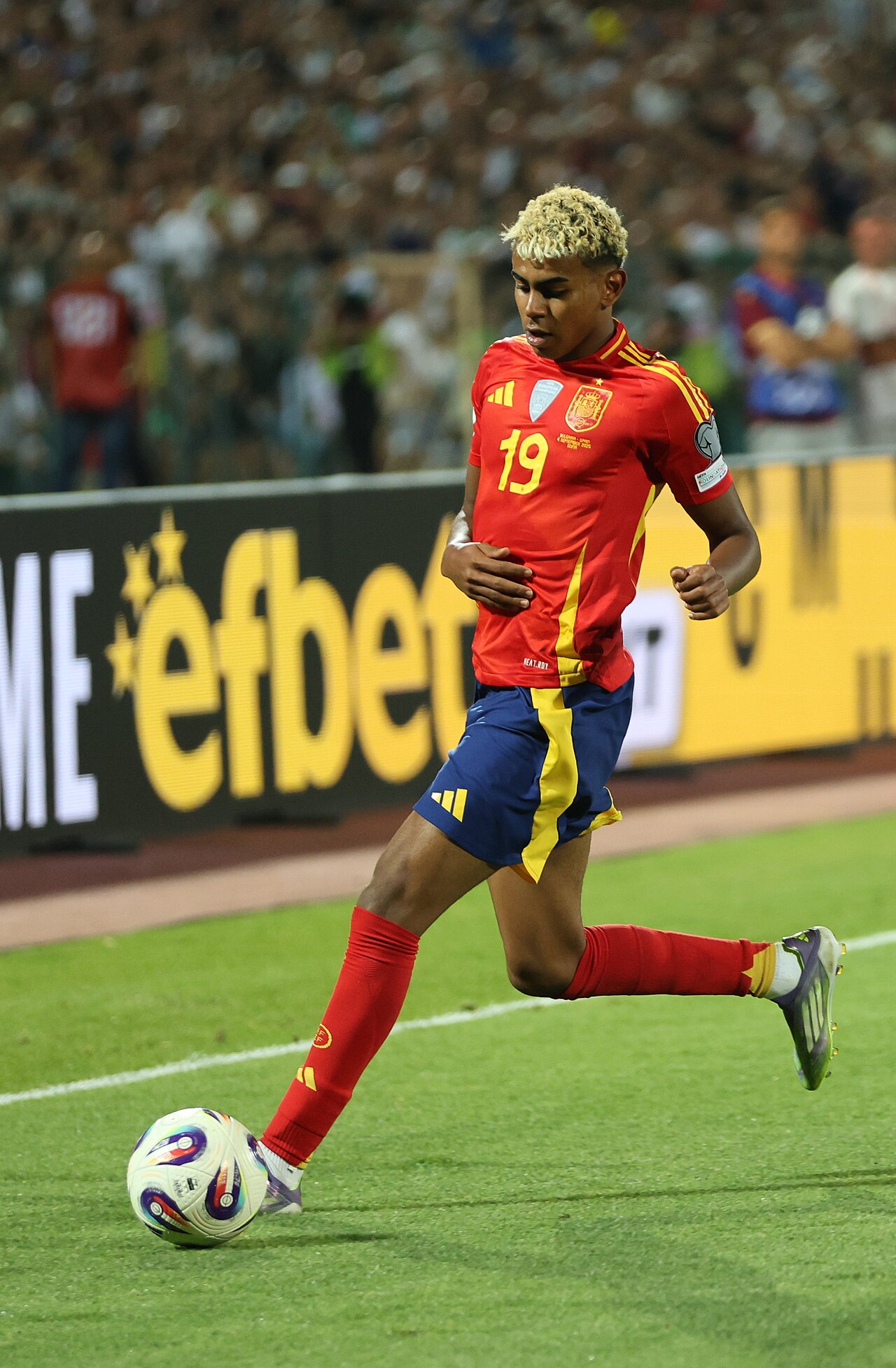Lamine Yamal on the ball for Spain, the 19-year-old whose Ballon d'Or 2026 winner page appeared on the official website
