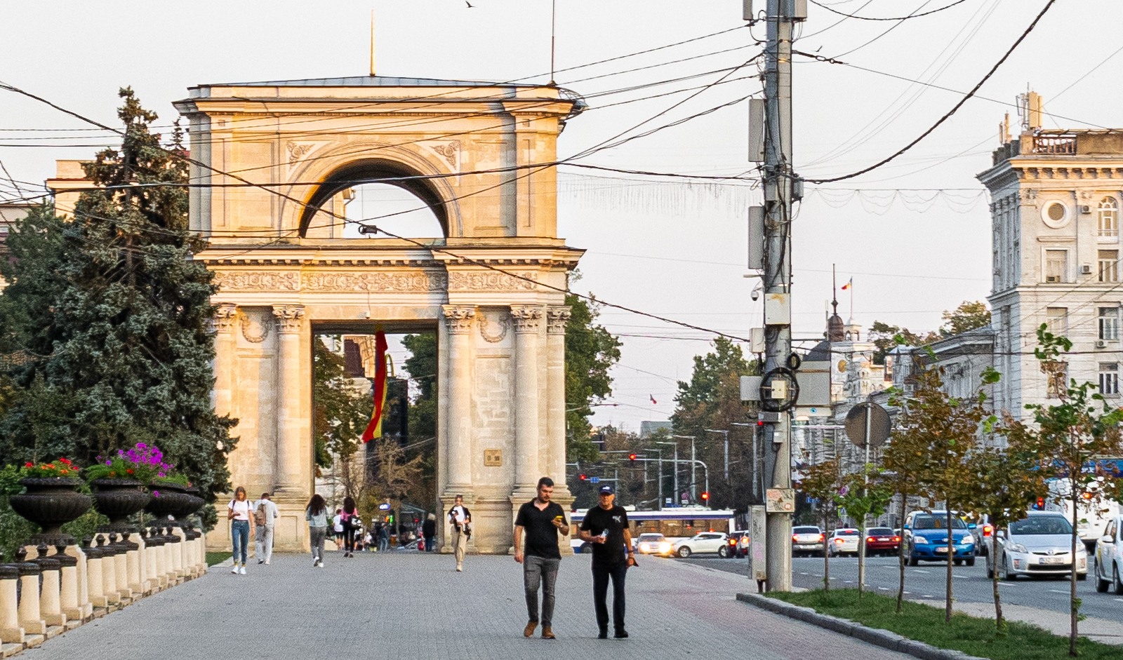 The Triumphal Arch in central Chisinau, Moldova, seen at street level