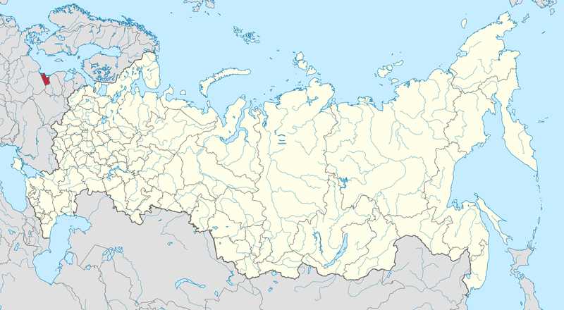 Map of Russia with Kaliningrad Oblast highlighted in red on the Baltic Sea, physically separated from mainland Russia