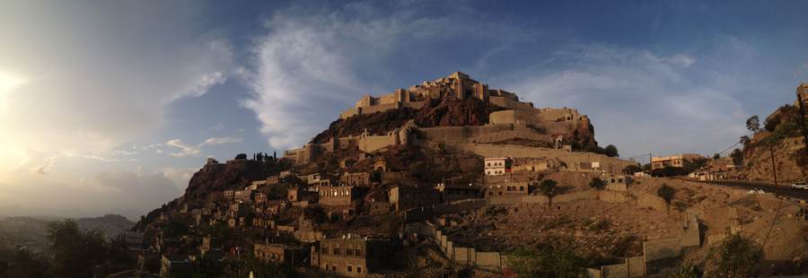 The castle above Taiz, Yemen — government warplanes struck Houthi positions in districts around Taiz in the October 2026 Yemen Taiz airstrikes