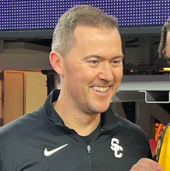 USC coach Lincoln Riley at the 2023 College Football Playoff championship game, shown in a file portrait amid 2026 hot-seat scrutiny