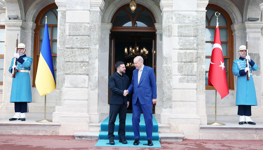 Presidents Recep Tayyip Erdogan and Volodymyr Zelenskyy shaking hands at the Dolmabahce office in Istanbul