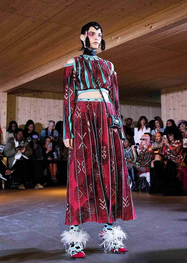 Maxhosa Africa runway look combining geometric knit patterns and bold color