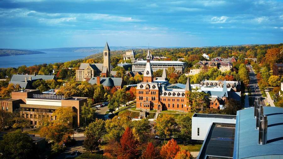 Aerial view of Cornell University's Ithaca, New York, campus in autumn — Tompkins County prosecutors have reopened the alleged 2024 Chi Phi fraternity gang-rape investigation and intend to present the case to a grand jury.