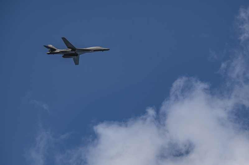A US Air Force B-1B Lancer flies over RAF Fairford in Gloucestershire, the airbase at the centre of the RAF Fairford Iran plot