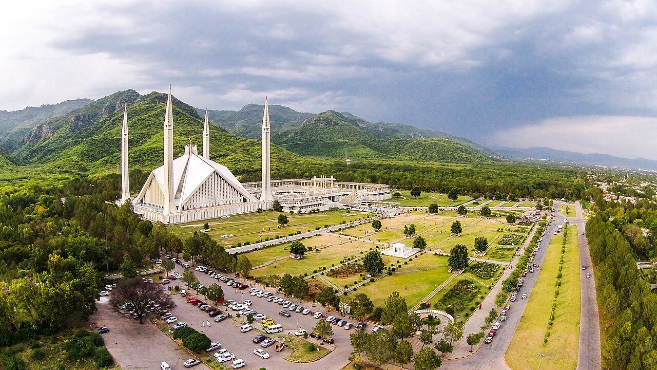 Faisal Mosque beneath the Margalla Hills in Islamabad, the PTI march's political destination