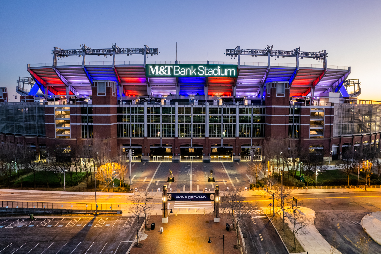 M and T Bank Stadium in Baltimore at dusk, venue for Ravens vs Bengals on Sunday