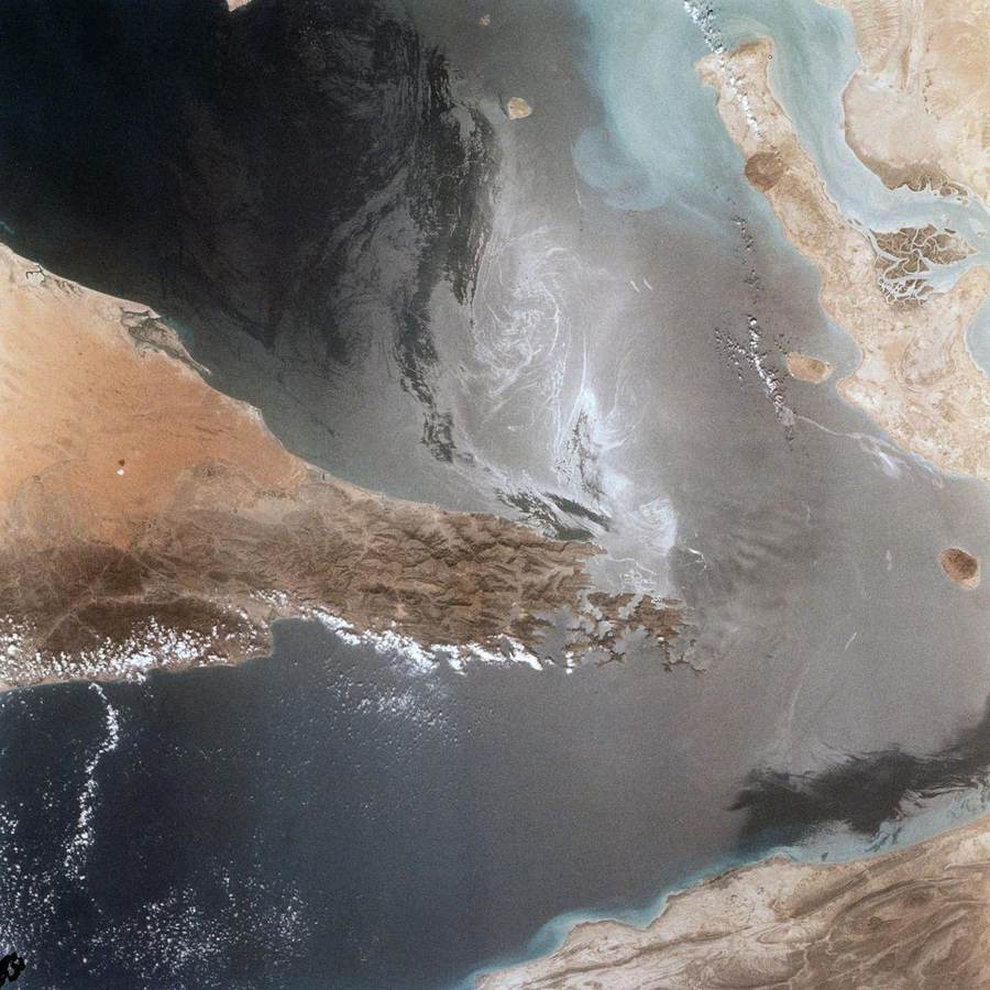 Satellite view of the Strait of Hormuz, where Chinese geospatial intelligence reportedly helped Iran track ships
