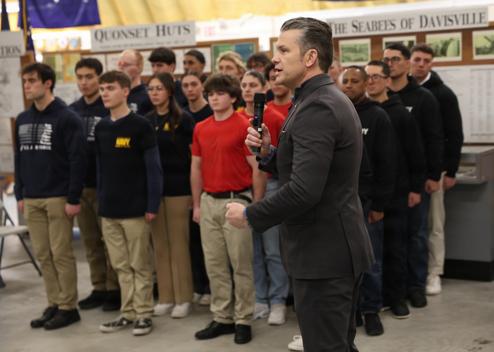 Defense Secretary Pete Hegseth speaking at a Navy enlistment ceremony in Rhode Island in February 2026