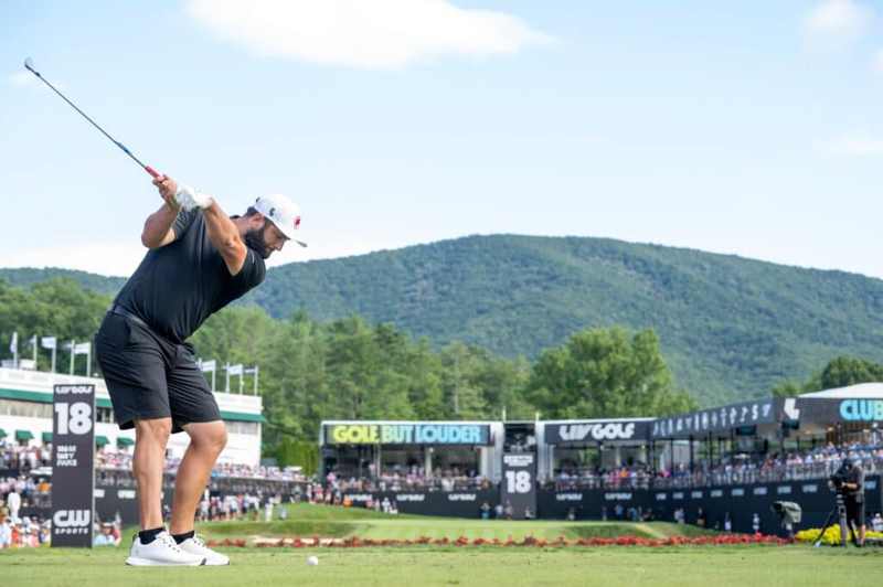 Jon Rahm tees off on the 18th hole during a LIV Golf event