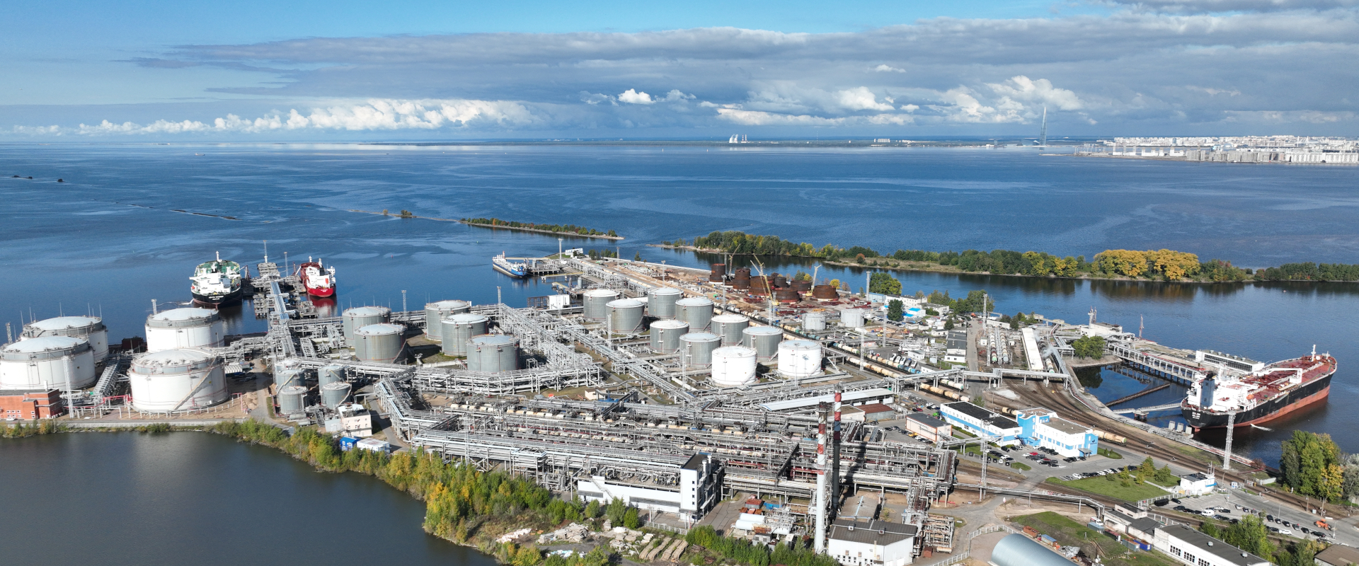 The Petersburg Oil Terminal in the Great Port of St. Petersburg — tank farm, loading berths and tankers on the Gulf of Finland, the facility hit in the Ukraine drone attack St Petersburg