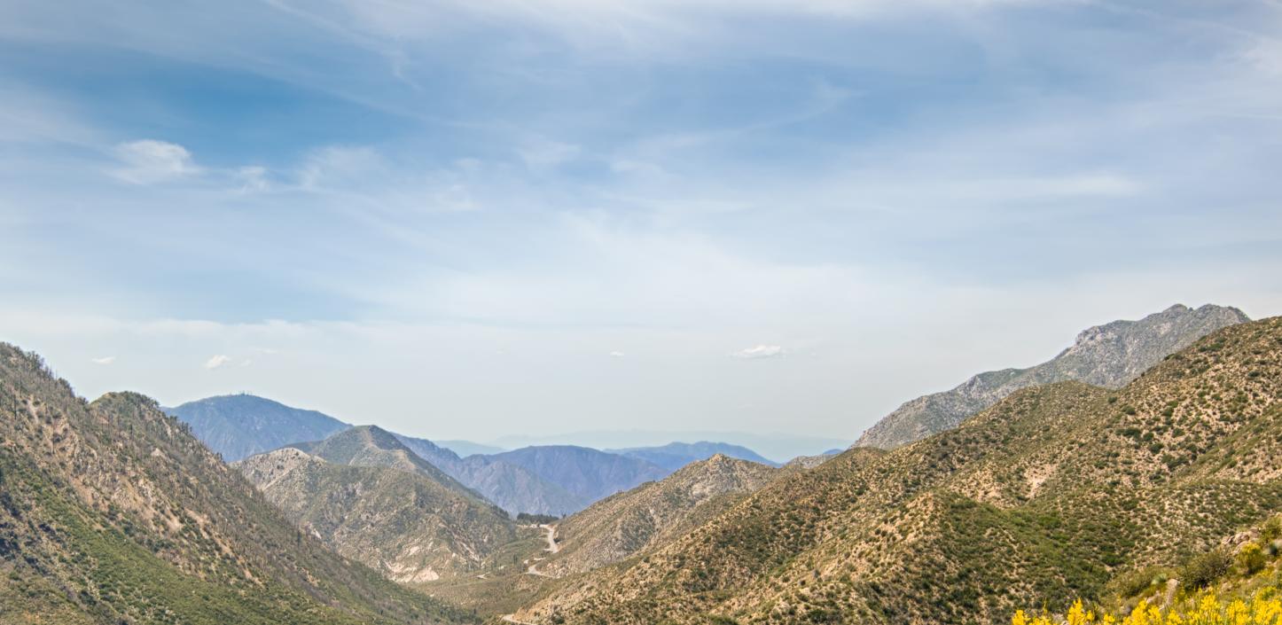 Steep chaparral-covered terrain in Angeles National Forest near the Bouquet Fire Santa Clarita area