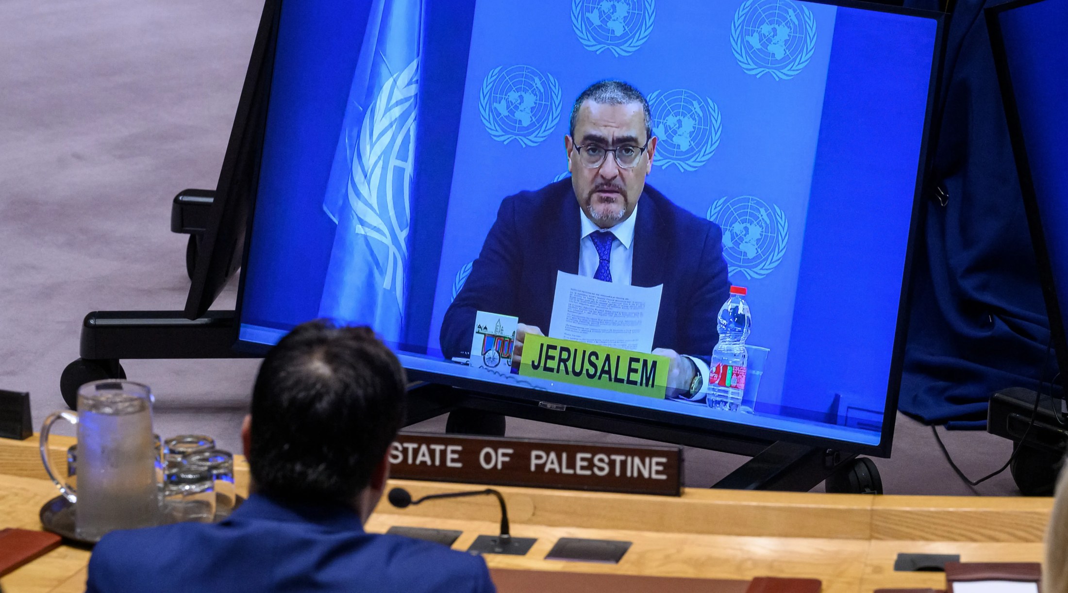 Ramiz Alakbarov appears by video at the UN Security Council briefing on Gaza as the UN warns of the risk of a new Gaza war
