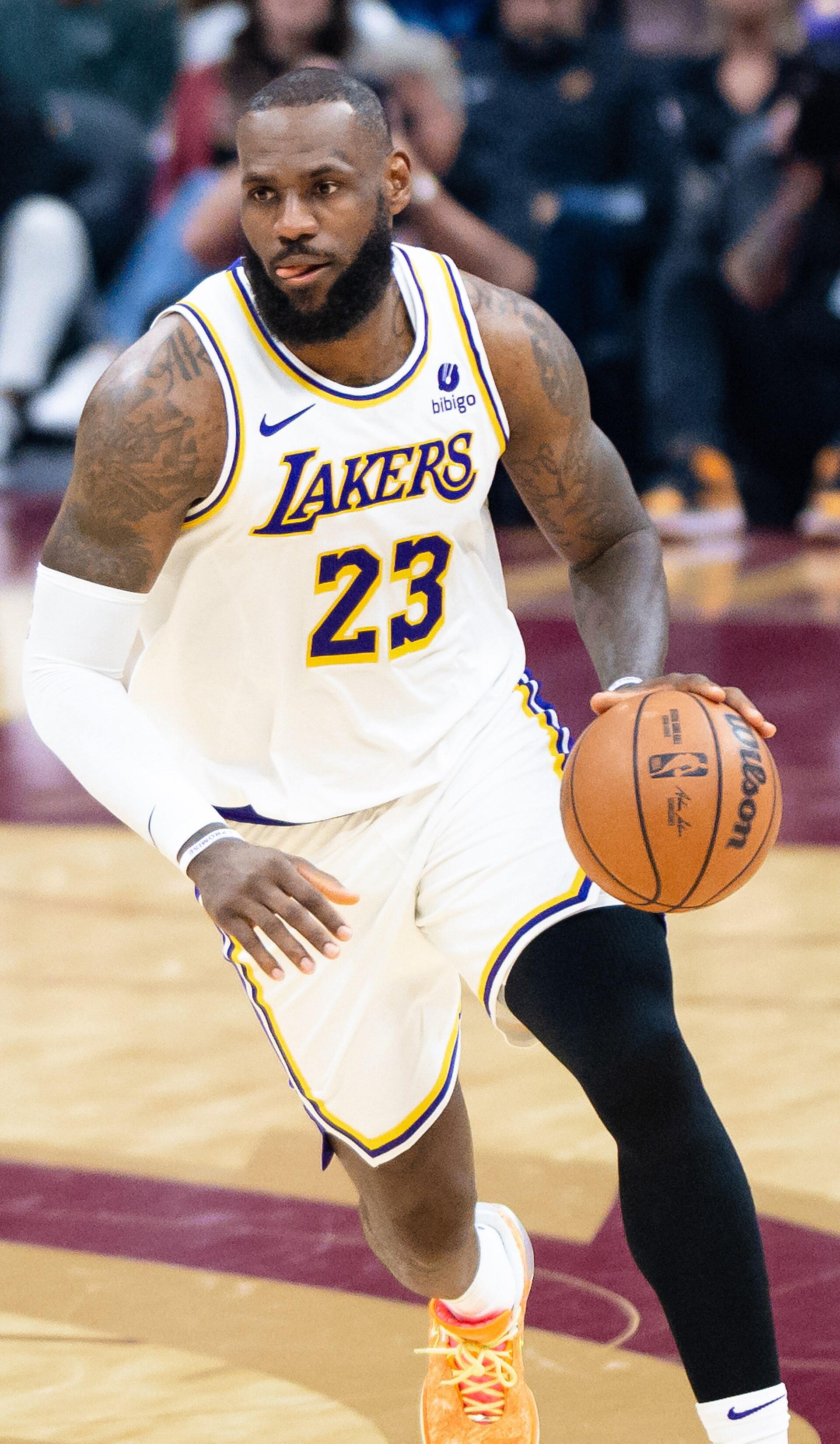 Trump LeBron James national anthem — LeBron James dribbling for the Los Angeles Lakers in Cleveland in November 2023, before his move to the Philadelphia 76ers