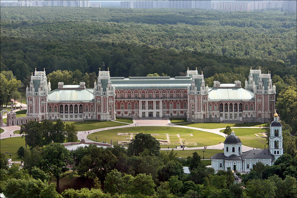 Aerial view of the Grand Palace and park at the Tsaritsyno Museum Reserve in Moscow, the popular weekend destination at the centre of the Moscow Tsaritsyno attack threat warning