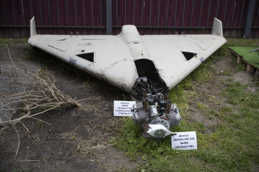 Recovered Shahed-136 drone wreckage in Ukraine illustrating the challenge facing Ukraine jet drone defense