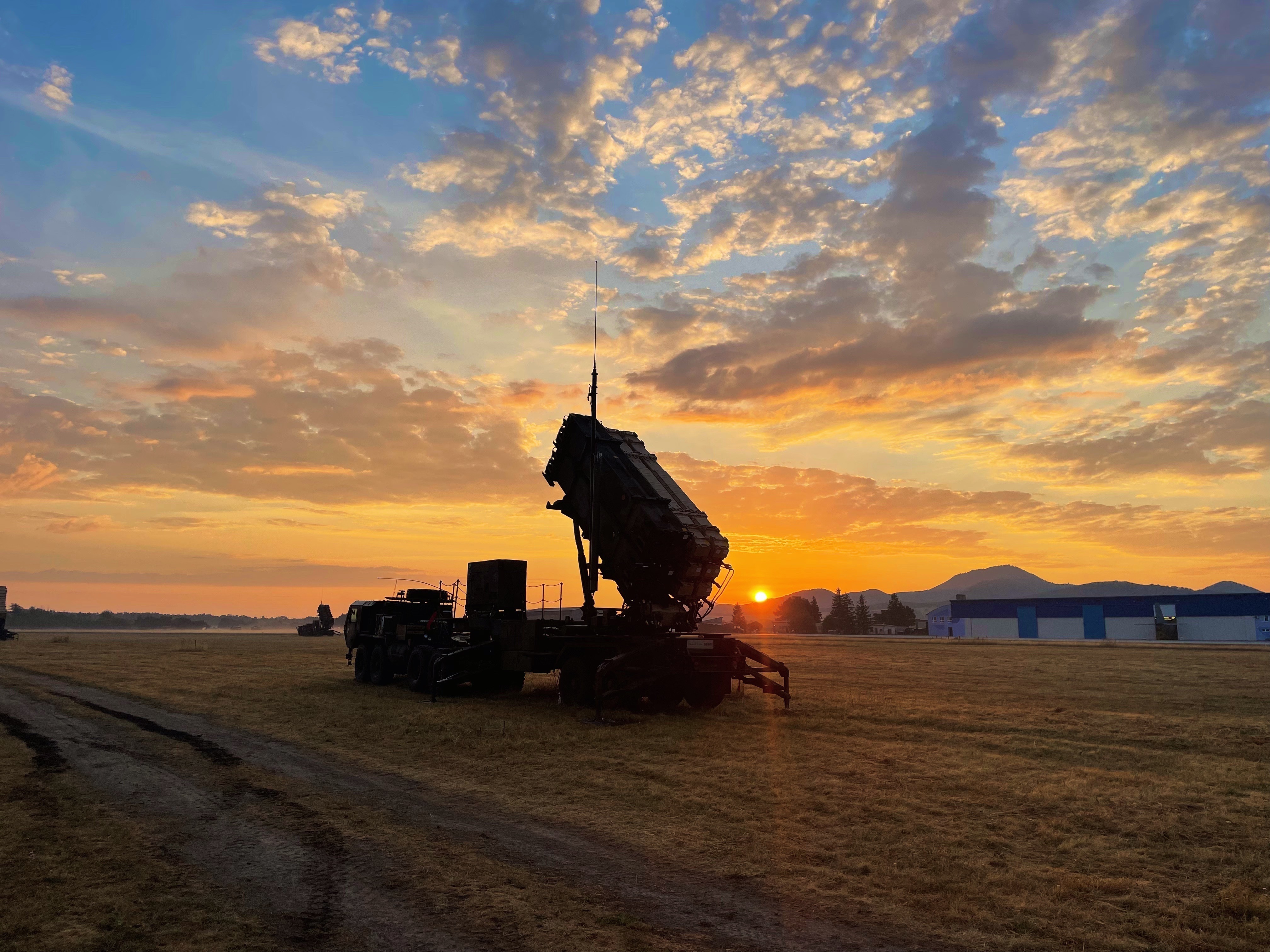 A Patriot missile launcher at sunrise during a deployment in Slovakia — Saudi air defences rely heavily on Patriot systems