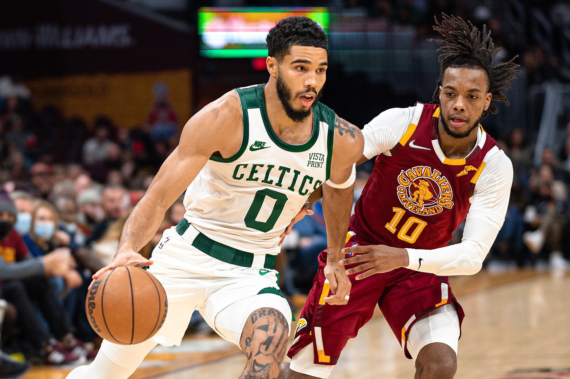 Celtics beat Knicks 107-103 — Jayson Tatum driving with the ball in a Boston Celtics uniform