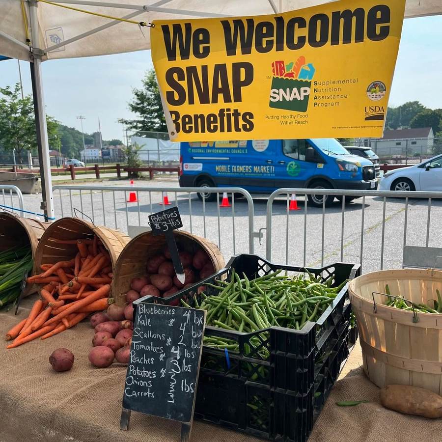 Fresh vegetables beneath a farmers-market banner welcoming SNAP benefits
