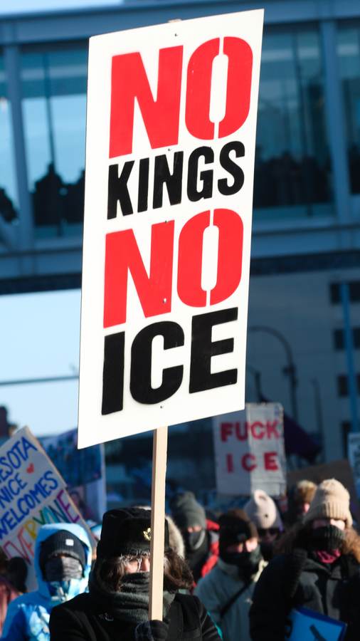 No Kings No ICE demonstrators in downtown Minneapolis after the January 2026 fatal shooting of Renee Good