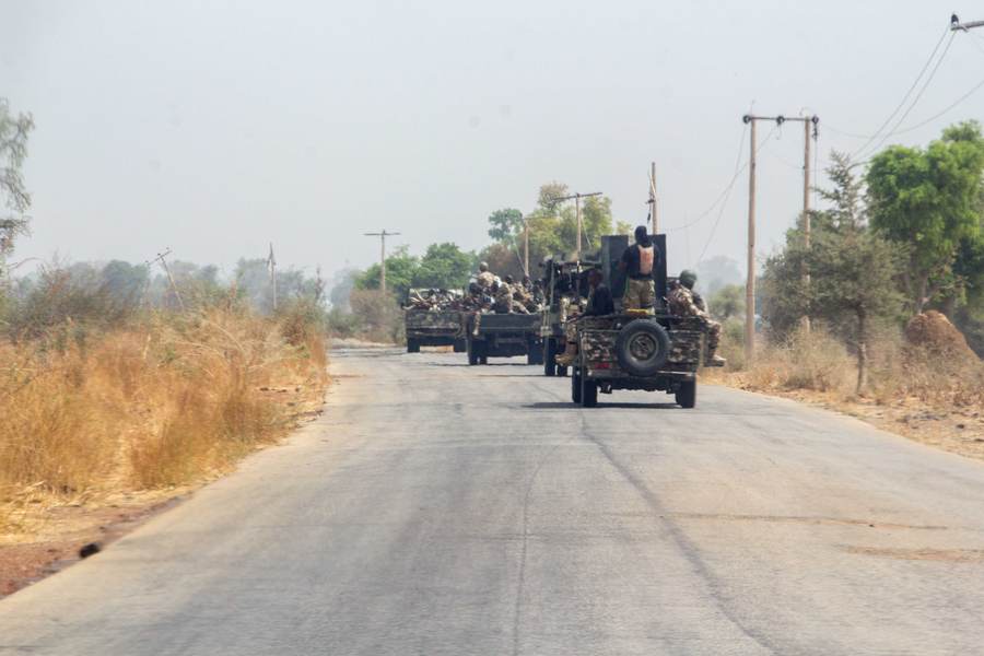 Nigerian soldiers in military vehicles on a rural road in a file photo accompanying coverage of the Nigeria kidnappings in September 2026