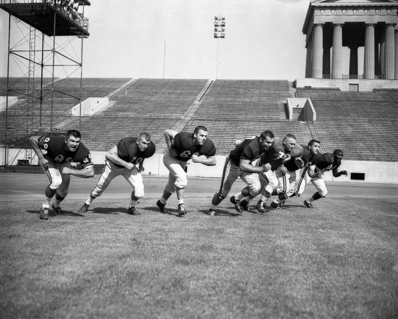 The Chicago Bears offensive line at practice during Mike Ditka's record-setting 1961 rookie season