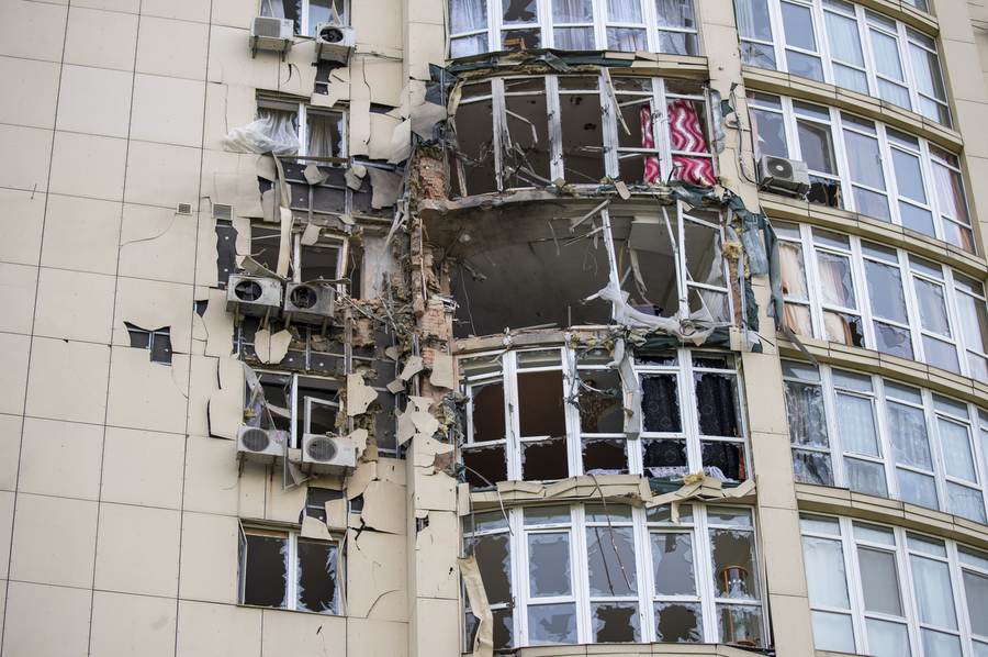 Kyiv apartment damage after a Russian drone attack, context for Kyiv drone attacks October 2026
