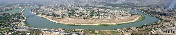Aerial view of the Tigris River flowing through Baghdad, Iraq, where the Iraq militia disarmament deadline 2027 was announced