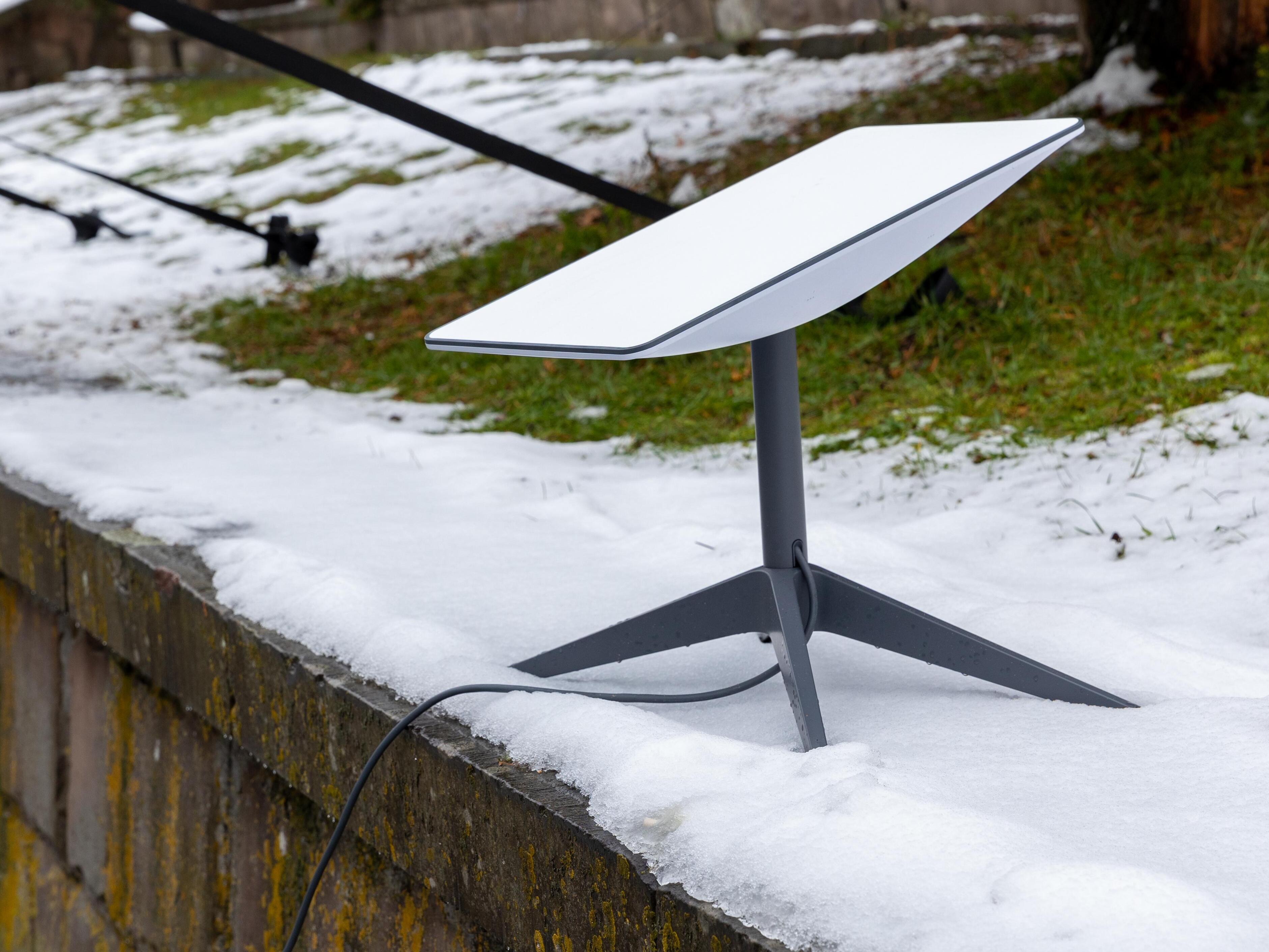 A Starlink satellite internet antenna on the ground — file photo for the Ukraine war day 1697 briefing
