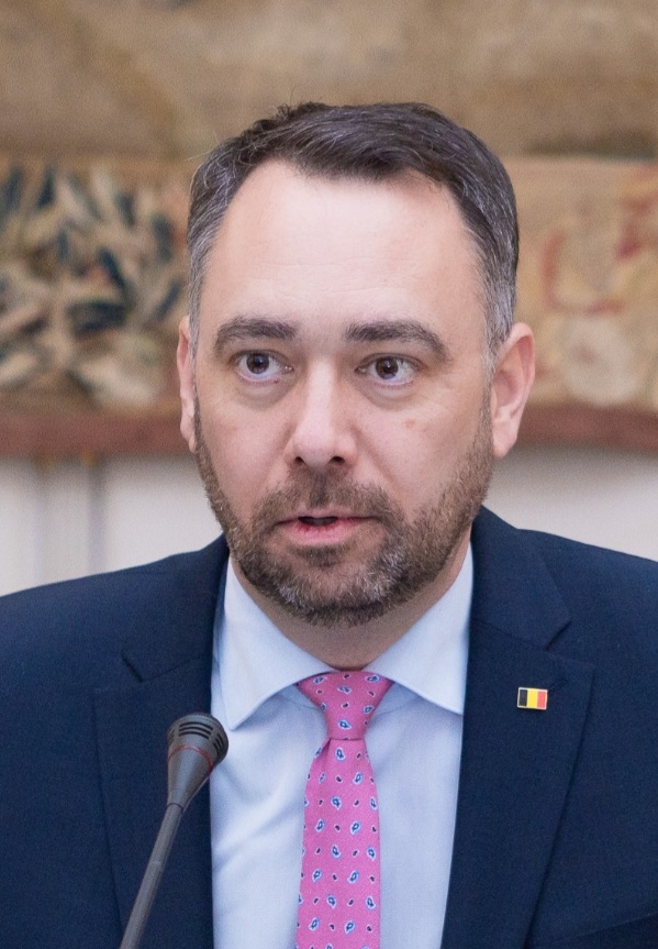 Belgian Foreign Minister Maxime Prévot speaking at a public event in 2025