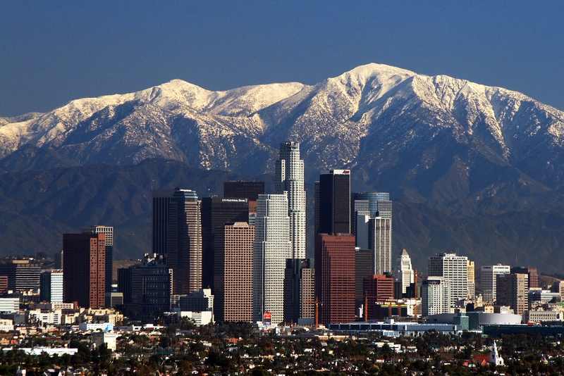 Downtown Los Angeles skyline with the San Gabriel Mountains behind it